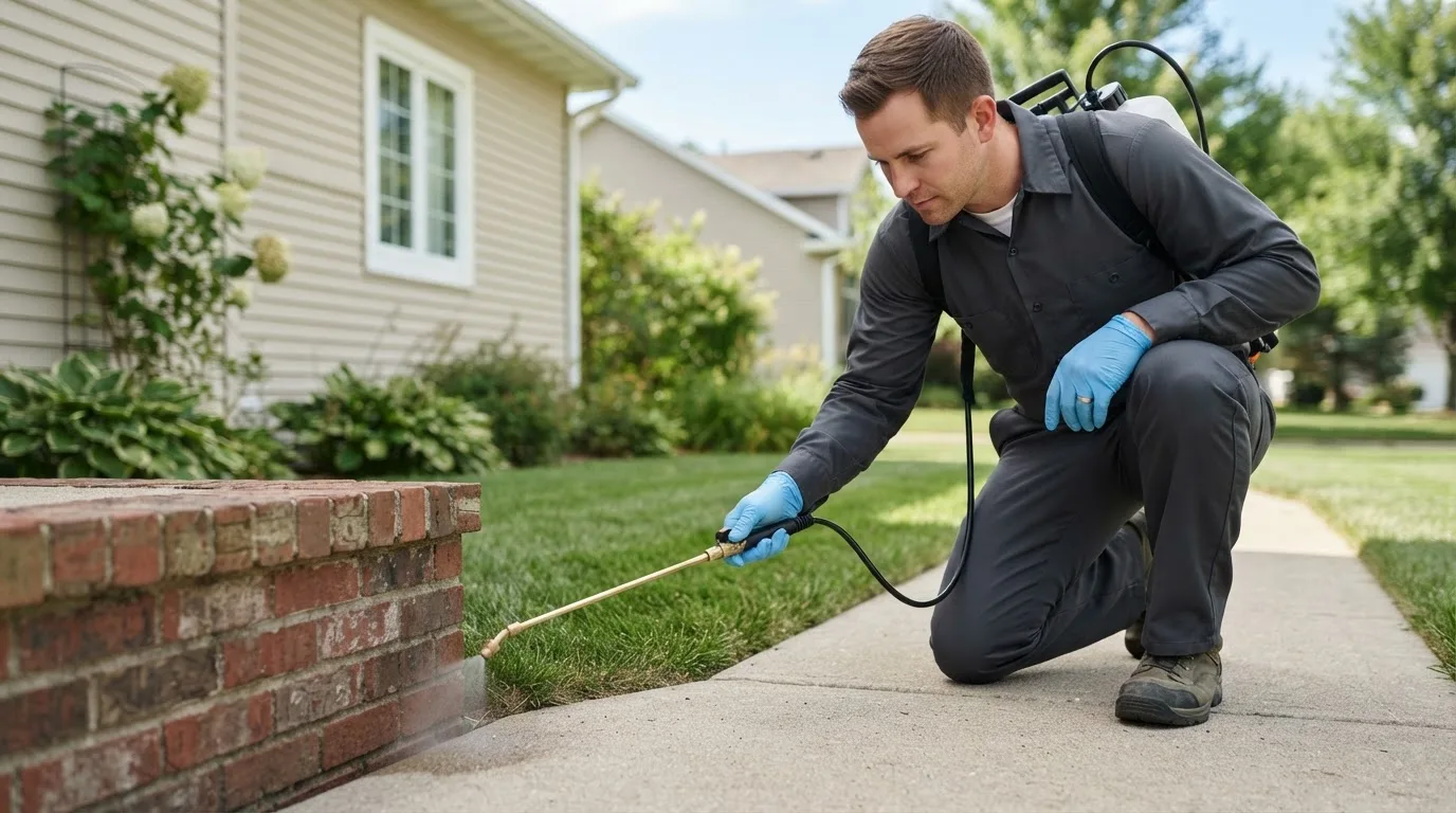 Pest control technician treating a home near Squire, WV