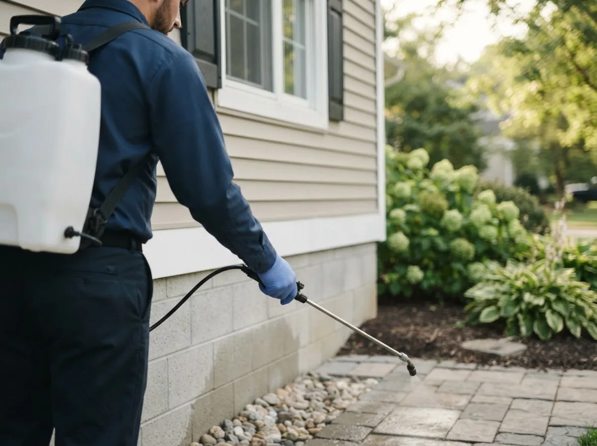 Pest control technician inspecting a home in Squire, WV